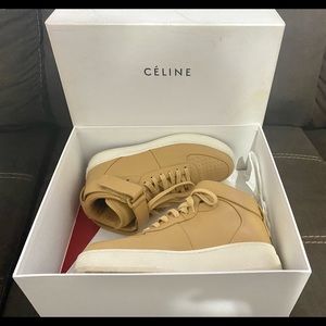 Celine Paris Leather High Top Sneakers Womens Size 39 (8) Tan with Box